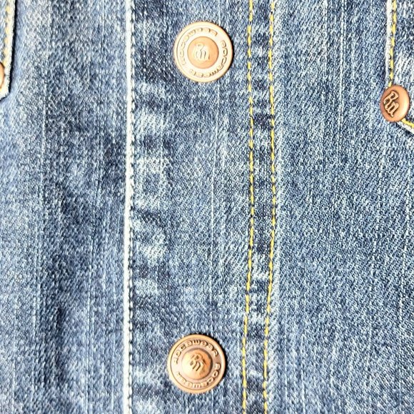 Rocawear RocDenimCorp Vintage 90s Denim Jacket w/ Yellow & White Embroidery SZ M - Picture 7 of 13